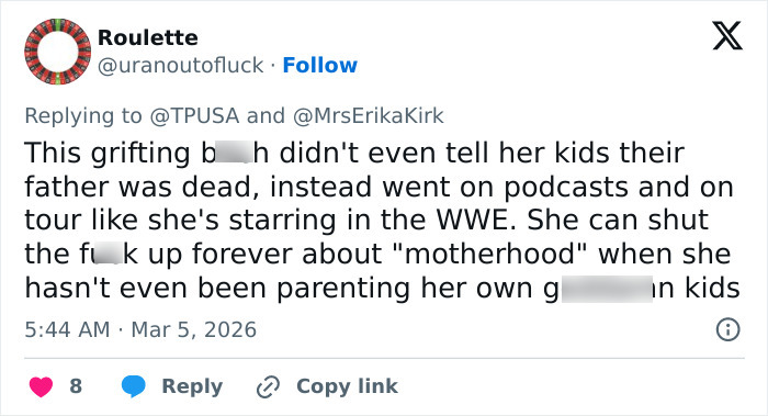 Twitter post criticizing Erika Kirk regarding allegations involving her kids and Charlie&rsquo;s legacy amid mounting criticism.