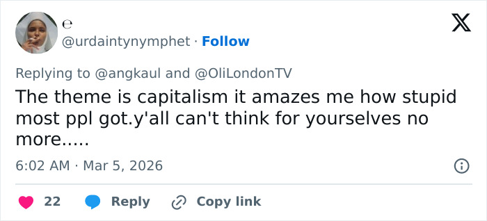 Tweet criticizing capitalism and encouraging independent thinking, posted on March 5, 2026, sparking discussion online.