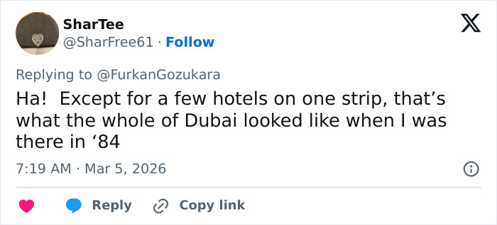 Tweet discussing Dubai&rsquo;s appearance in 1984, related to viral video exposing harsh reality of Dubai&rsquo;s labor camps.