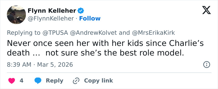 Tweet by Flynn Kelleher criticizing Erika Kirk&rsquo;s parenting and referencing Charlie&rsquo;s legacy amid growing allegations.