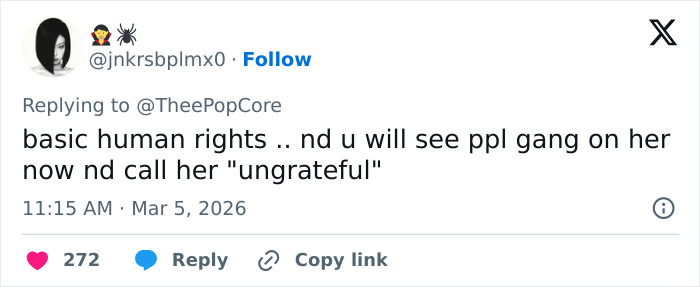 Tweet discussing basic human rights and public opinion about Olympic hero Alysa Liu after a terrifying airport experience.