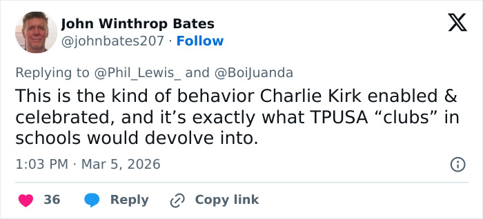 Screenshot of a tweet discussing behavior linked to Turning Point USA college leadership and its impact on school clubs.