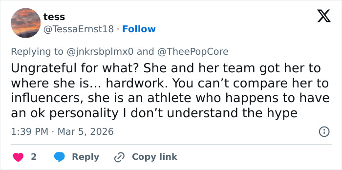 Screenshot of a social media post discussing Olympic hero Alysa Liu and reactions to her airport experience and personality.