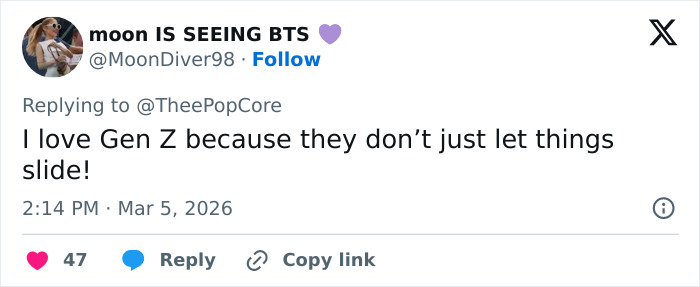 Screenshot of a tweet replying to @TheePopCore about Gen Z, unrelated to Olympic Hero Alysa Liu or airport experiences.