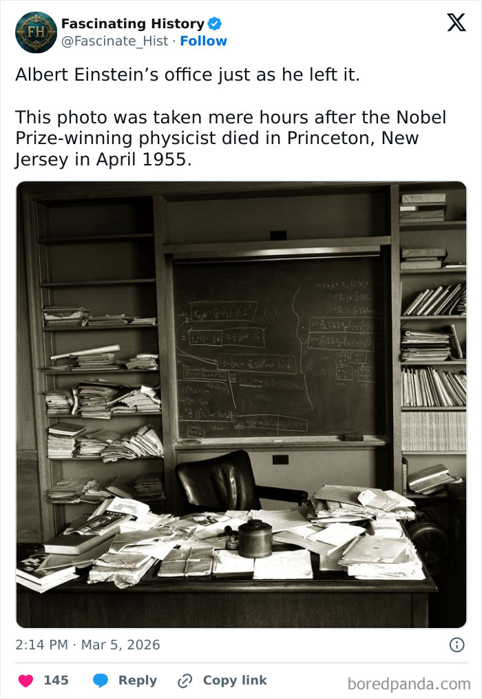 Albert Einstein’s cluttered office with chalkboard and papers, a historical treasure showing the past was more advanced than imagined.