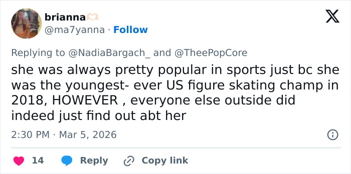 Tweet discussing Olympic hero Alysa Liu's popularity as the youngest US figure skating champ and recent airport experience.