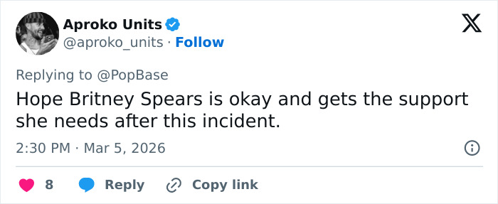 Tweet from Aproko Units expressing concern for Britney Spears&rsquo; well-being after the jaw-dropping 911 call records incident.