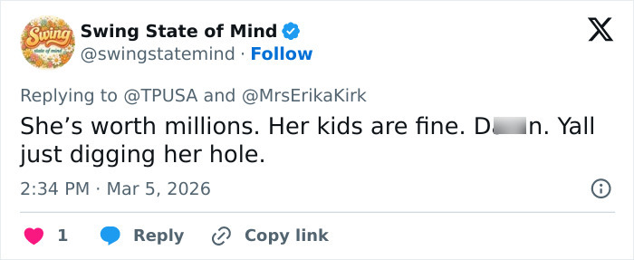 Screenshot of a tweet defending Erika Kirk mentioning her kids and responding to criticism about Charlie&rsquo;s legacy.