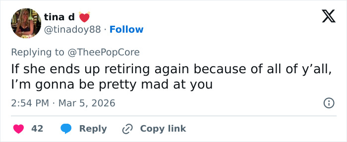 Tweet from user tina d expressing frustration about Olympic hero Alysa Liu potentially retiring again due to public reactions.