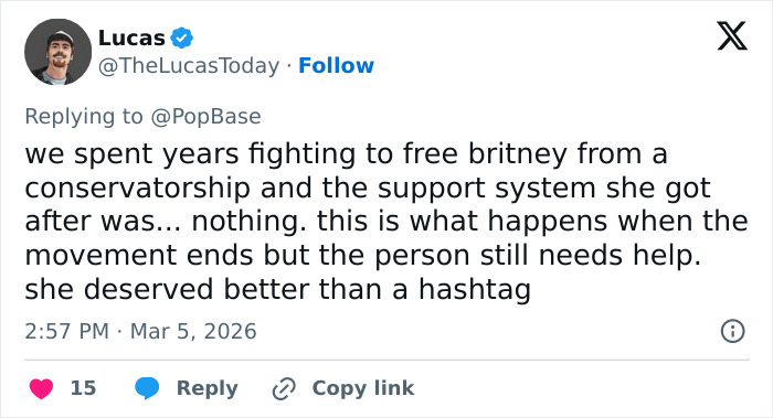 Screenshot of a tweet discussing Britney Spears, highlighting the aftermath of her conservatorship and need for support.