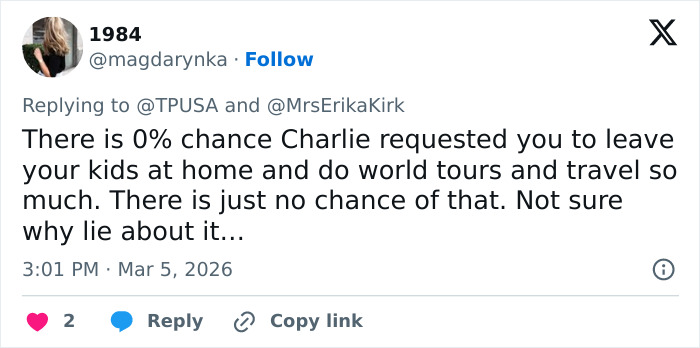 Screenshot of a tweet addressing allegations involving Erika Kirk&rsquo;s kids and Charlie&rsquo;s legacy amid growing criticism.