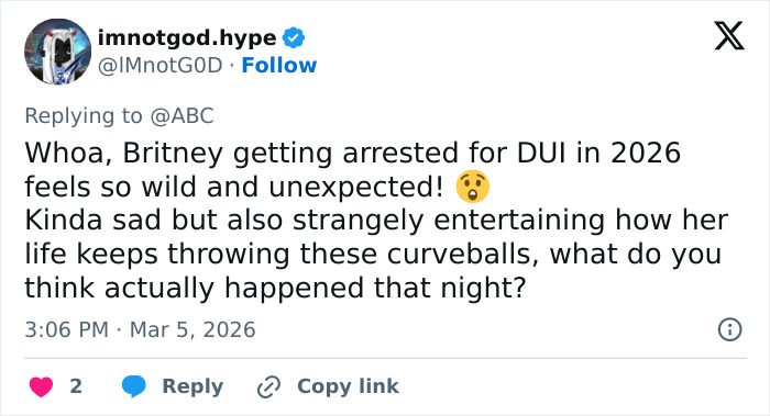 Twitter post discussing Britney Spears&rsquo; arrest and jaw-dropping 911 call records from her mansion in 2026.