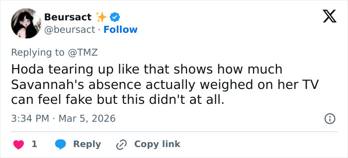 Tweet about Savannah Guthrie&rsquo;s tearful Today Show return highlighting behind-the-scenes toxic drama and emotional moments.