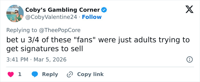 Tweet from Coby&rsquo;s Gambling Corner discussing fans and signatures, related to Olympic hero Alysa Liu&rsquo;s airport experience.