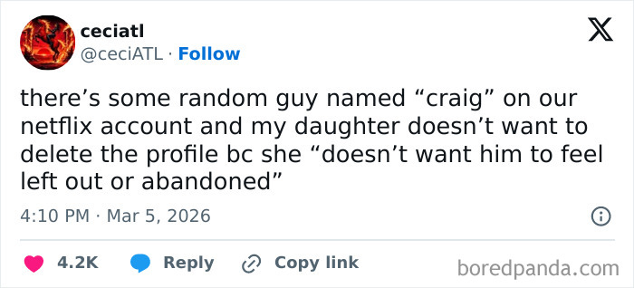 Tweet showing a funny and honest parent sharing a Netflix profile struggle involving their daughter and a random user named Craig.