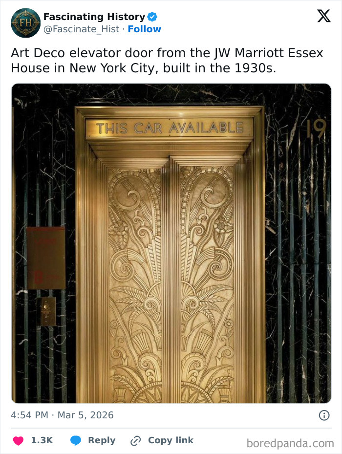 Art Deco elevator door with intricate design from the 1930s, showcasing historical treasures that reveal advanced past innovations.