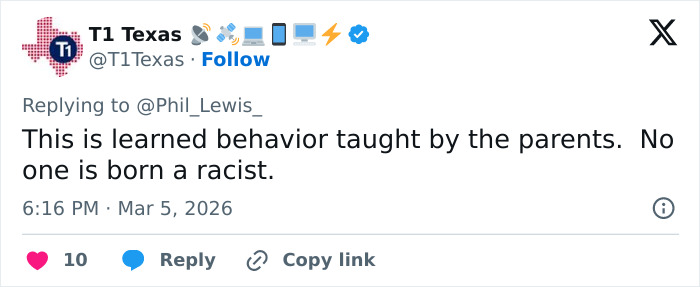 Screenshot of a tweet discussing learned racist behavior amid disturbing texts from Turning Point USA college president controversy.