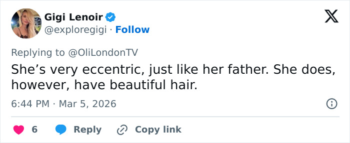 Tweet from Gigi Lenoir commenting on Elon Musk&rsquo;s estranged daughter&rsquo;s eccentric look and beautiful hair at Paris Fashion Week.