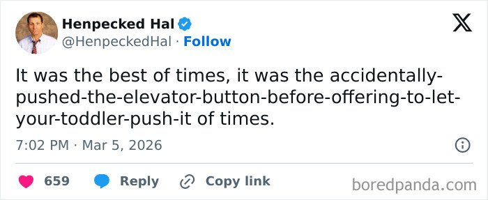 Tweet from a parent sharing funny and honest struggles about parenting on social media platform X in March 2026.