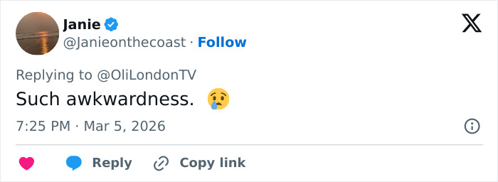 Tweet showing user Janie commenting Such awkwardness with a crying emoji about Elon Musk&rsquo;s estranged daughter&rsquo;s viral Paris Fashion Week appearance.