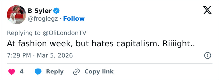 Tweet screenshot showing a user commenting on Elon Musk&rsquo;s estranged daughter&rsquo;s viral Paris Fashion Week appearance sparking debate.