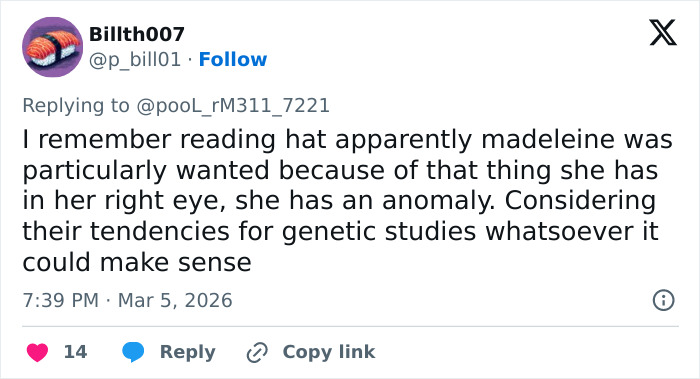 Screenshot of a social media post discussing a unique eye anomaly in Madeleine McCann amid search updates.