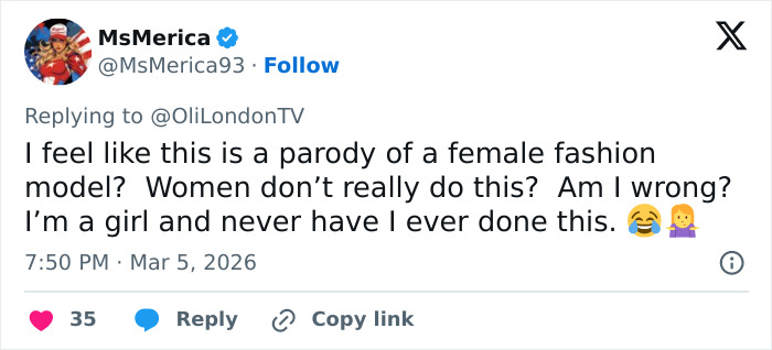 Tweet from user MsMerica questioning if a viral post is a parody of female fashion models amid Paris Fashion Week debate.