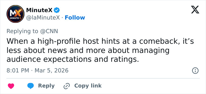 Tweet from MinuteX discussing behind-the-scenes toxic drama related to Savannah Guthrie&rsquo;s tearful Today Show return.