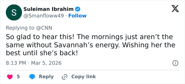 Tweet expressing support for Savannah Guthrie&rsquo;s return to the Today Show amid behind-the-scenes toxic drama.