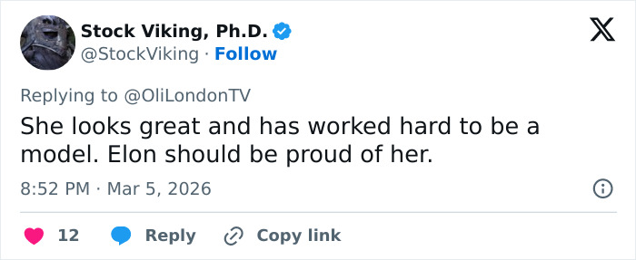 Tweet praising Elon Musk&rsquo;s estranged daughter for her hard work and appearance at Paris Fashion Week.