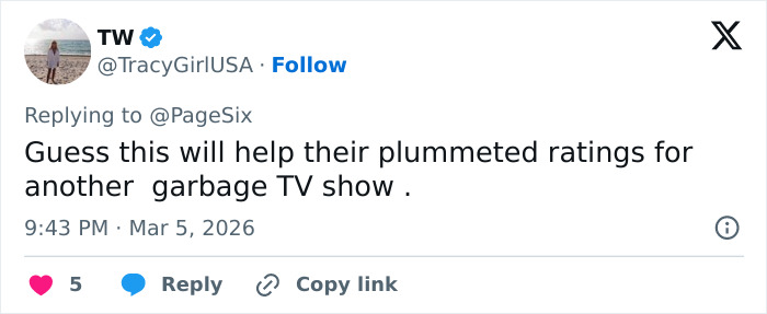 Tweet from user TW criticizing a TV show's ratings amid suspicion growing after Savannah Guthrie's emotional Today Show return.