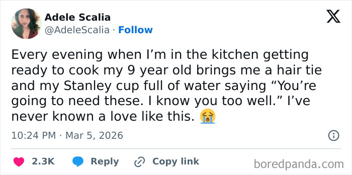 Tweet from a parent sharing a heartfelt moment illustrating honest parents' struggles and love in everyday life.