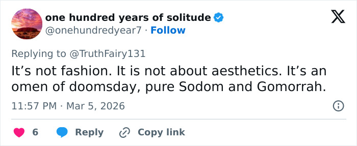 Tweet criticizing Paris Fashion Week outfits, calling them ominous and comparing to Sodom and Gomorrah imagery.