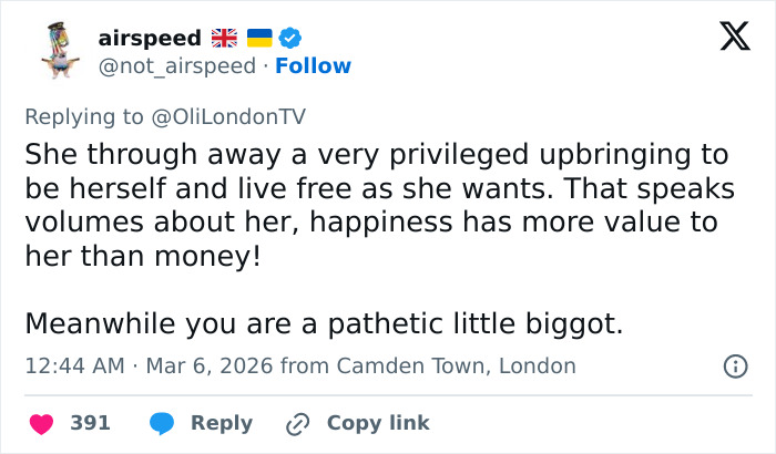 Twitter reply criticizing bigotry about Elon Musk&rsquo;s estranged daughter&rsquo;s viral Paris Fashion Week appearance.