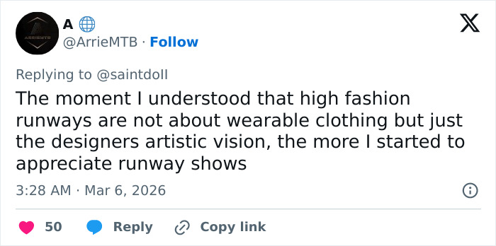 Tweet by user A about high fashion runways reflecting designers&rsquo; artistic vision sparking Paris Fashion Week outfits frenzy.