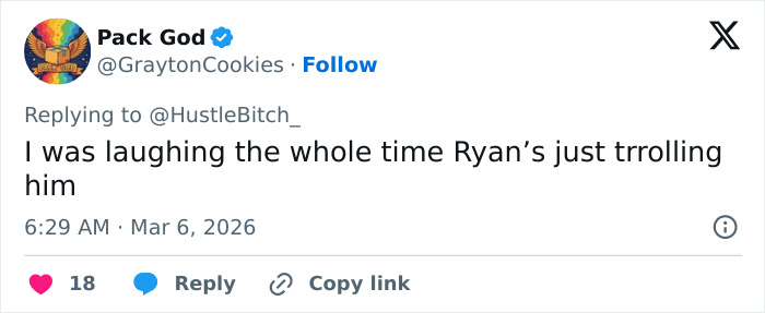 Tweet from Pack God reacting to Ryan Gosling’s leaked phone call with Mikey Day, expressing amusement and trolling.