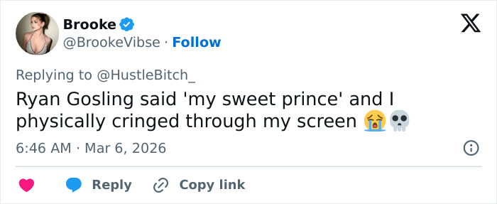 Tweet replying to a leaked phone call between Ryan Gosling and Mikey Day, expressing secondhand embarrassment.