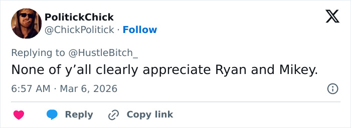 Screenshot of a tweet replying about Ryan Gosling and Mikey, mentioning appreciation for their interaction.