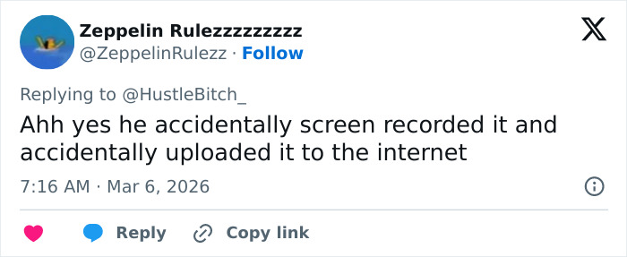 Tweet from user Zeppelin Rulezzzzzzzzz about accidental screen recording and uploading of Ryan Gosling phone call leak.