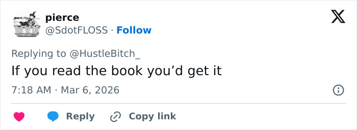 Tweet from user pierce replying to HustleBitch_ commenting on understanding the book, related to Ryan Gosling leaked phone call.