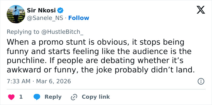 Tweet from Sir Nkosi discussing promo stunt reactions and audience perception in a Twitter reply about Ryan Gosling leaked phone call.