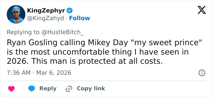 Tweet screenshot showing a user commenting on Ryan Gosling’s phone call with Mikey Day causing secondhand embarrassment among fans.