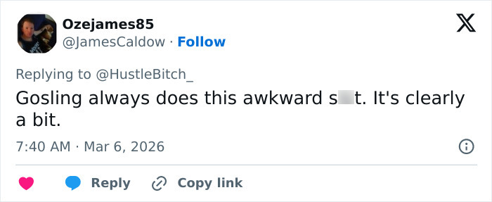 Tweet from a user commenting on Ryan Gosling’s awkward behavior during a phone call with Mikey Day.