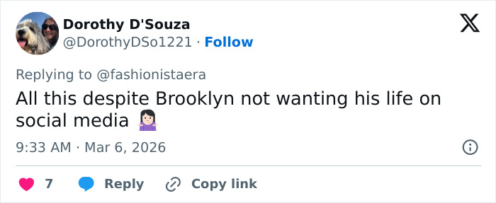 Tweet discussing disturbing behavior of Nicola Peltz called out in birthday post for Brooklyn Beckham on social media.