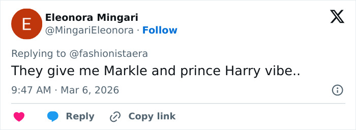 Twitter reply from Eleonora Mingari mentioning Markle and prince Harry vibe in response to disturbing Nicola Peltz's behavior called out.