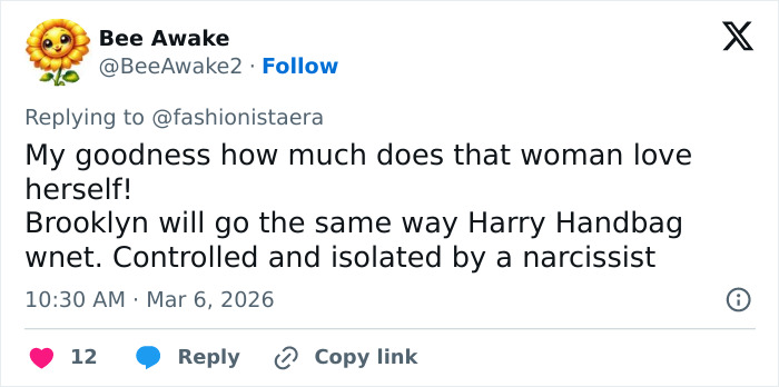 Tweet criticizing Nicola Peltz's behavior, describing control and isolation in Brooklyn Beckham's birthday post.