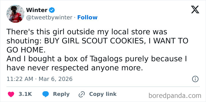 Tweet screenshot showing a parent sharing a funny and honest moment about buying Girl Scout cookies.