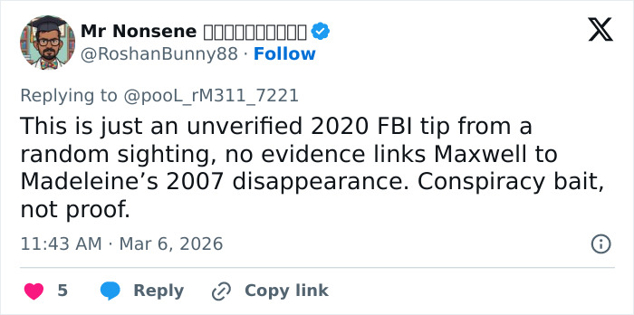 Tweet screenshot showing a user disputing the 2020 FBI tip related to the Madeleine McCann case update.