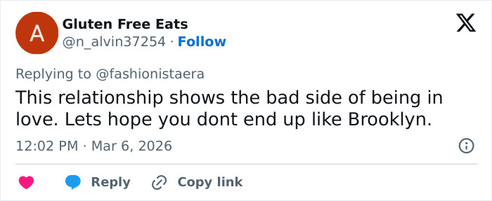 Tweet criticizing Nicola Peltz&rsquo;s disturbing behavior in a birthday post for Brooklyn Beckham, commenting on their relationship.