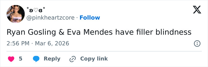 Screenshot of a tweet discussing Ryan Gosling and Eva Mendes's new looks after plastic surgeons weigh in on changes.
